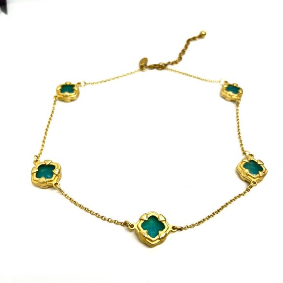 GEORGE AQUA BLUE GREEN CLOVER NECKLACE GOLD TONE STATION STYLE 18" ADJUSTABLE - Picture 6 of 16